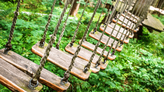wooden ropes course bridge over green forest