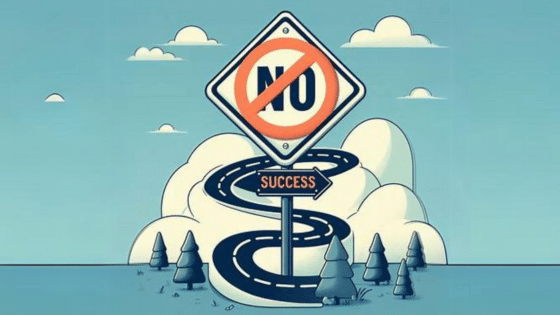AI generated image. Road winding up to clouds with a street sign "No" with a veto sign leading to a "Sucess" sign.